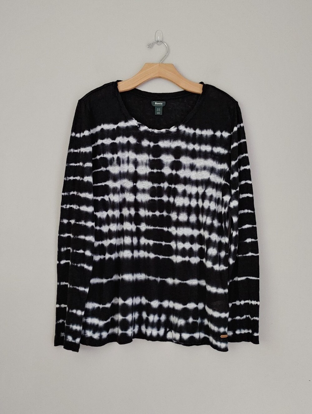 Roots Linen Tie Dye Shirt Long Sleeve Top Size Medium Shibori Black White